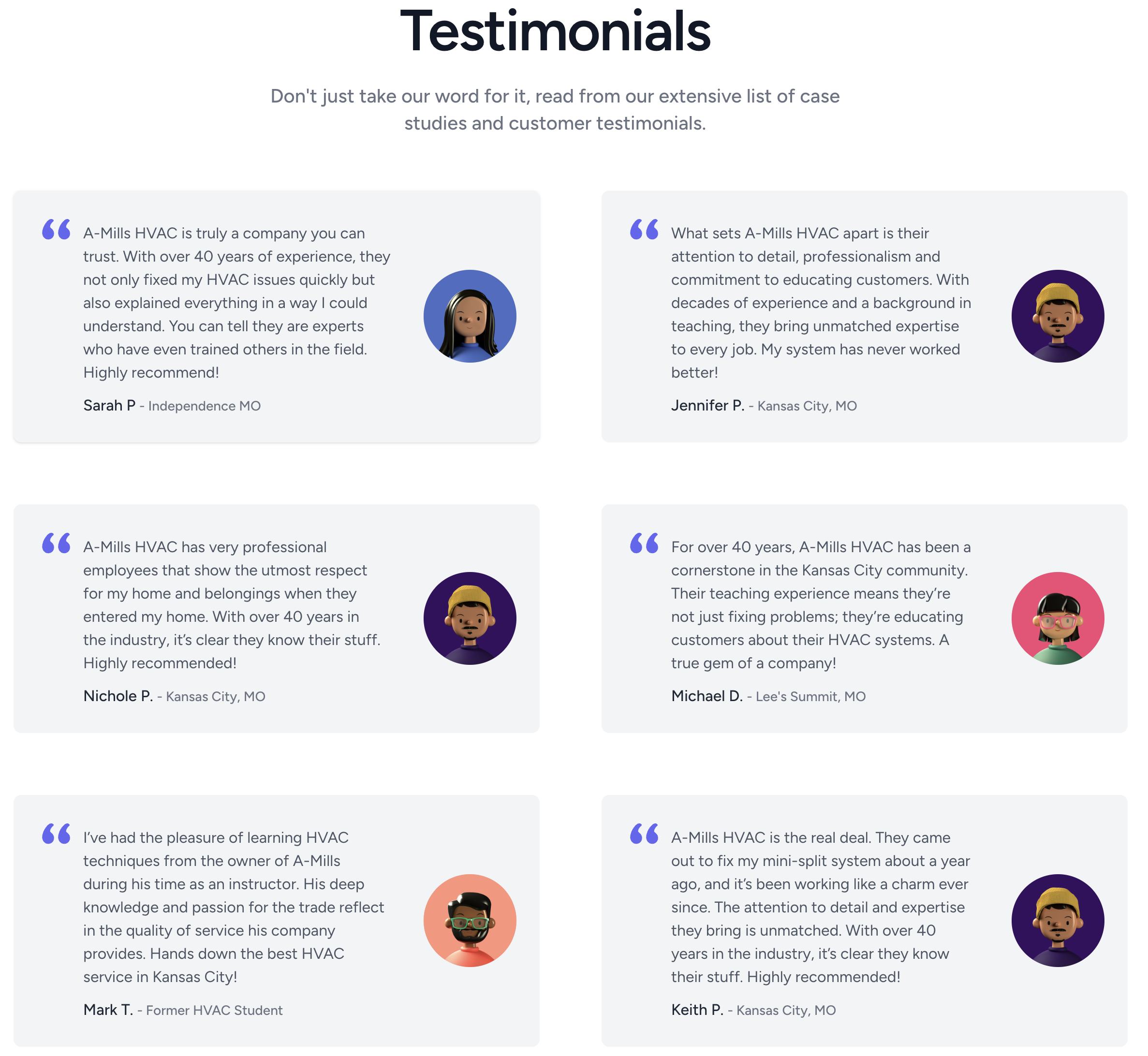 A-Mills HVAC Testimonials Section