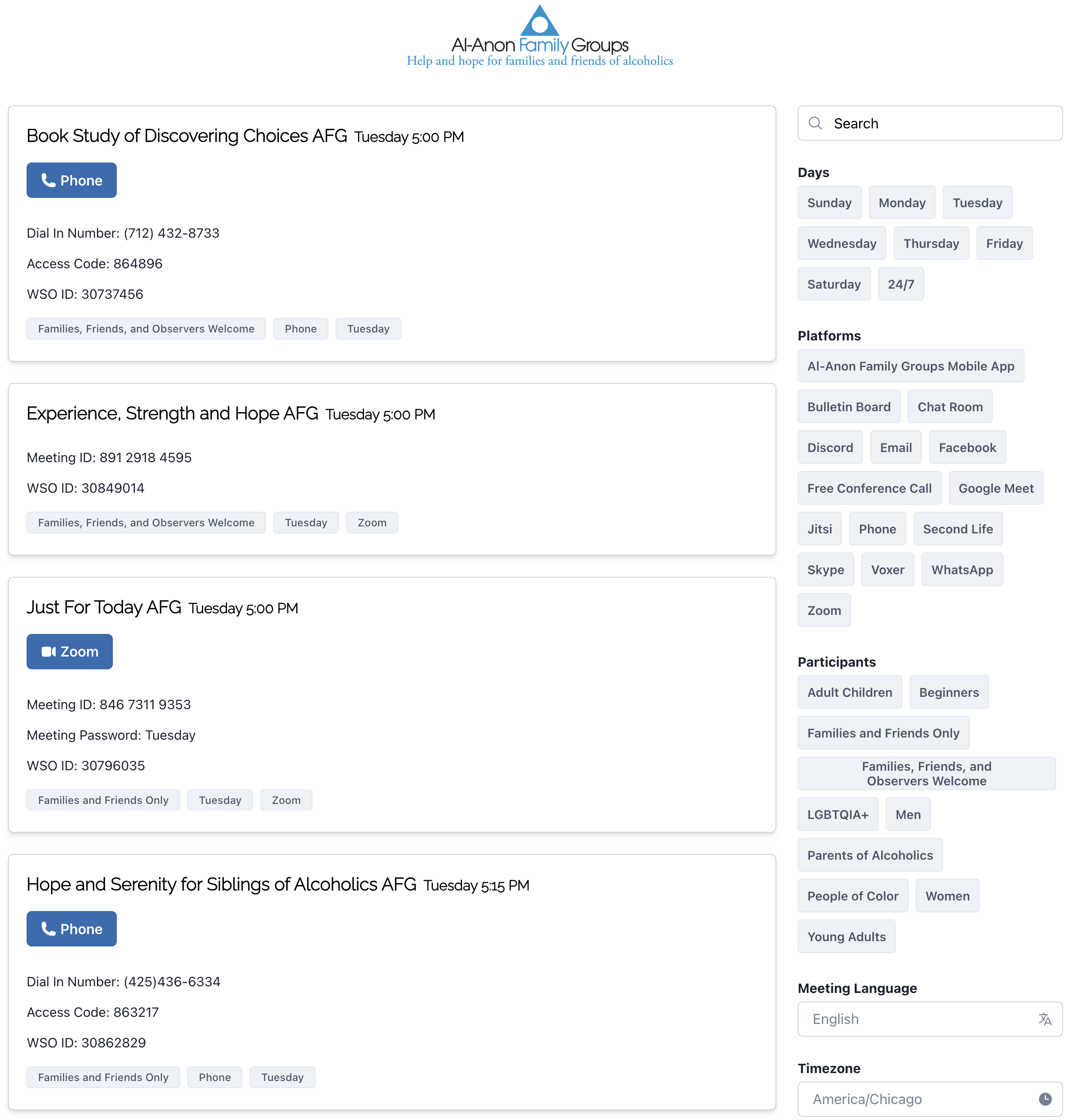 Al-Anon Online Meeting Finder Screenshot