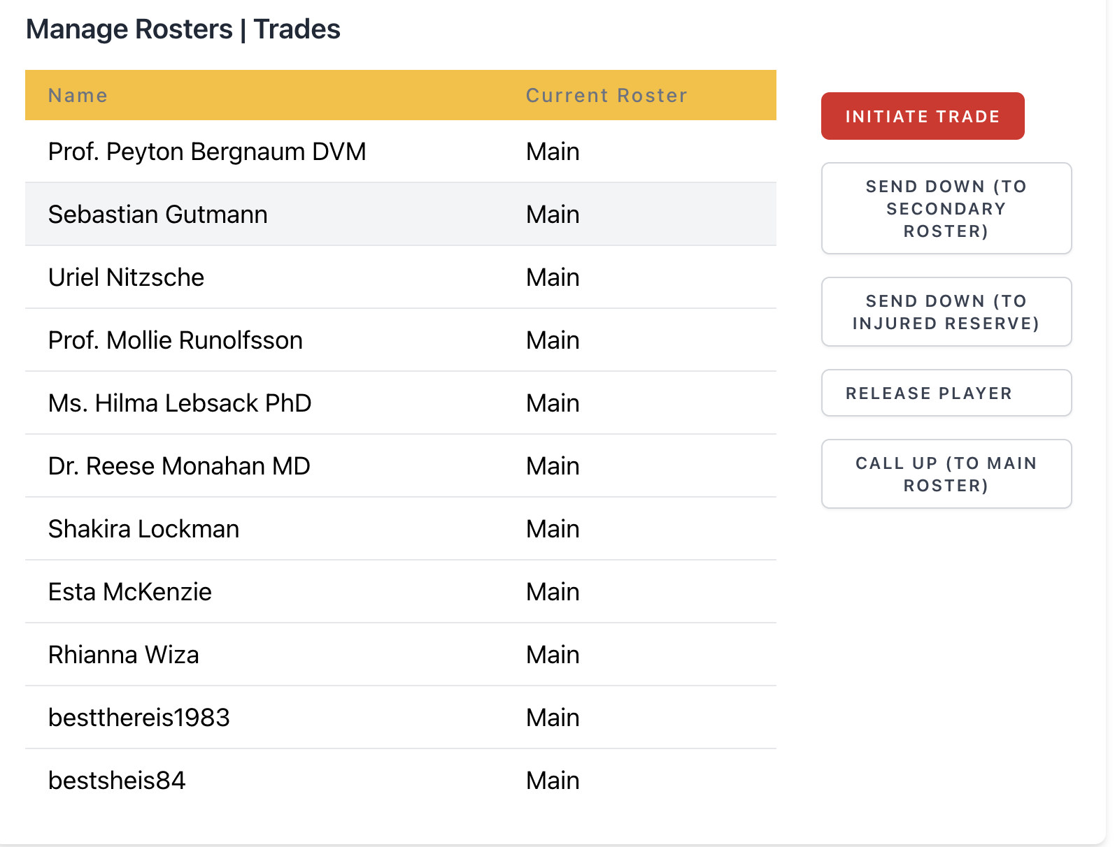 Roster actions (trades, send-down, IR, release)