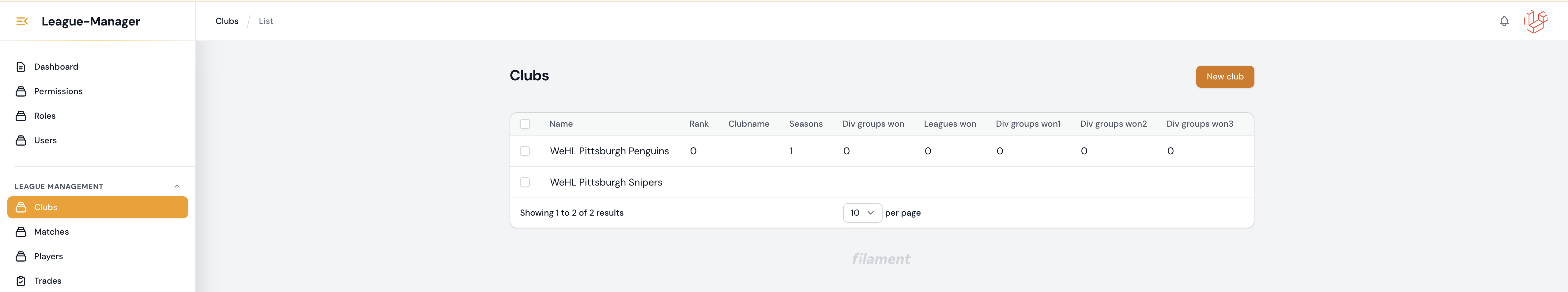 Clubs management in Filament