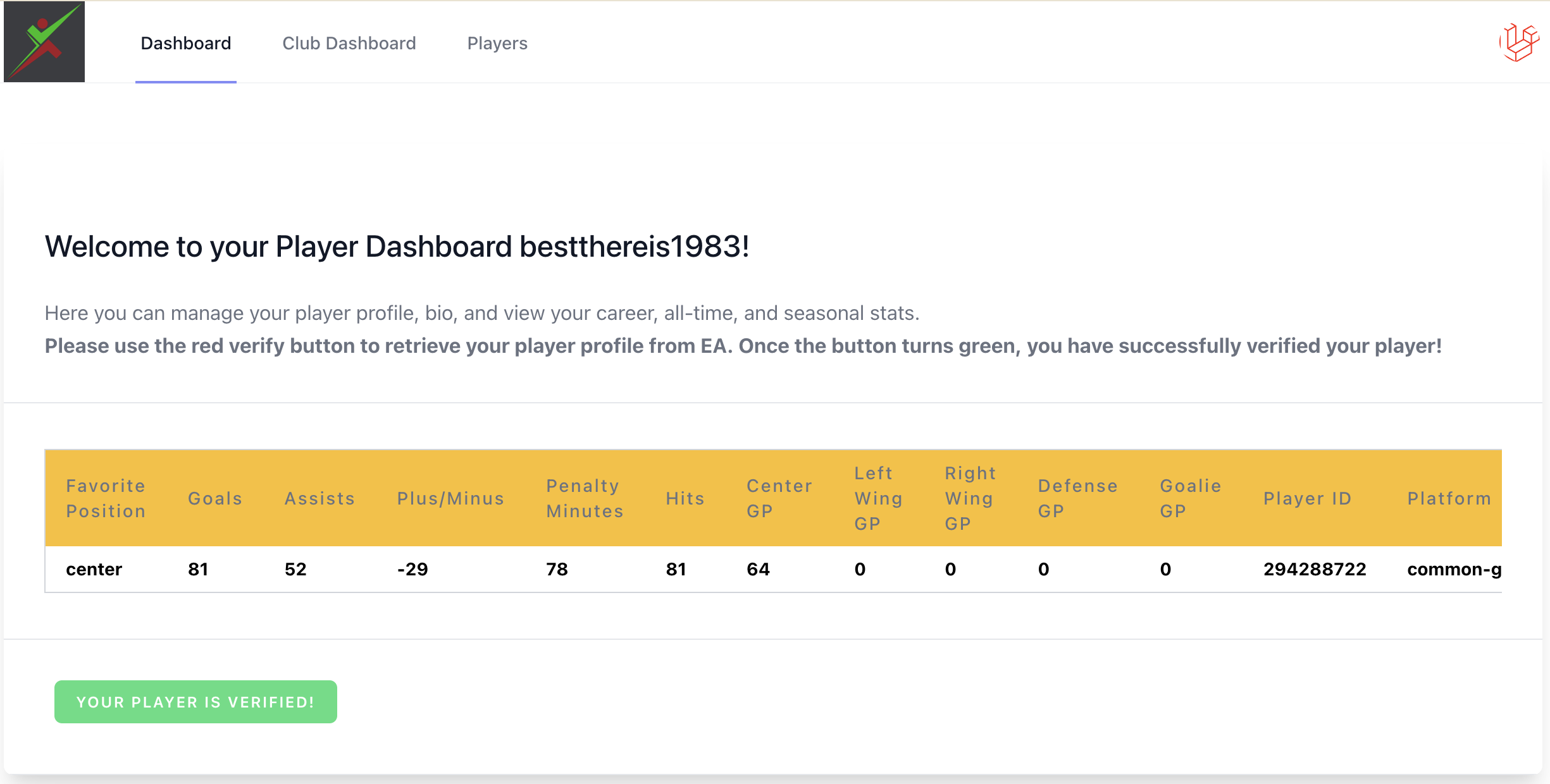 Player dashboard with verified stats