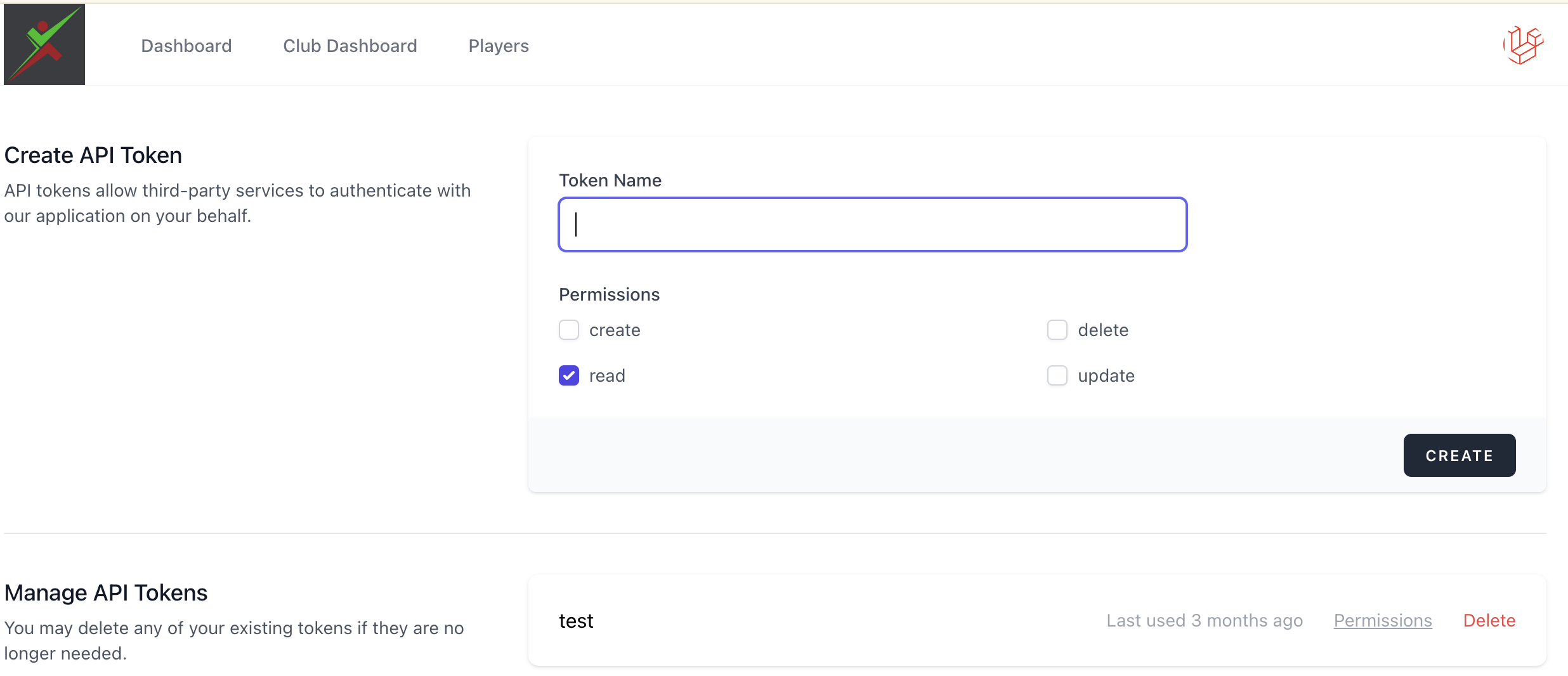 API token page with ability scopes
